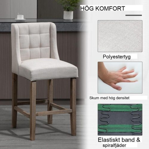 Set med 2 beige moderna barstolar med linnetyg och komfortstoppning