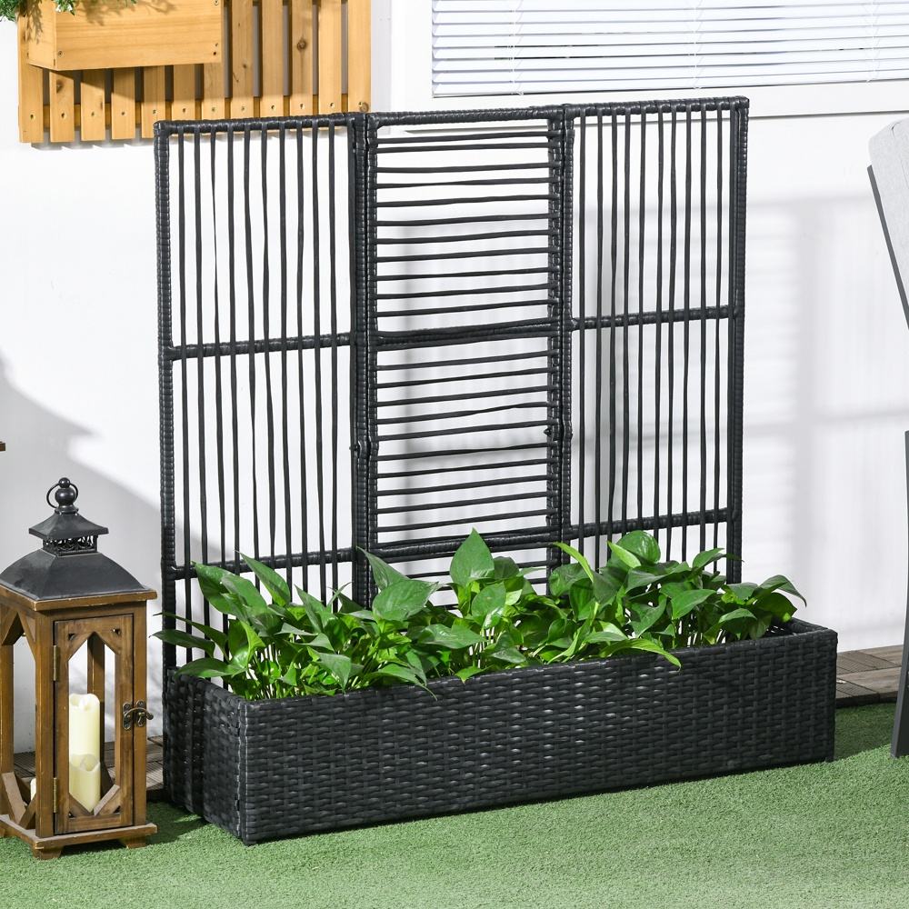 Svart polyrattan upphöjd trädgårdssäng med spaljé för blommor och växter 103x103cm