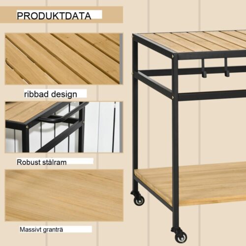 Serveringsvagn i naturträ med hjul, 2 hyllor och krokar för inomhusbruk utomhus