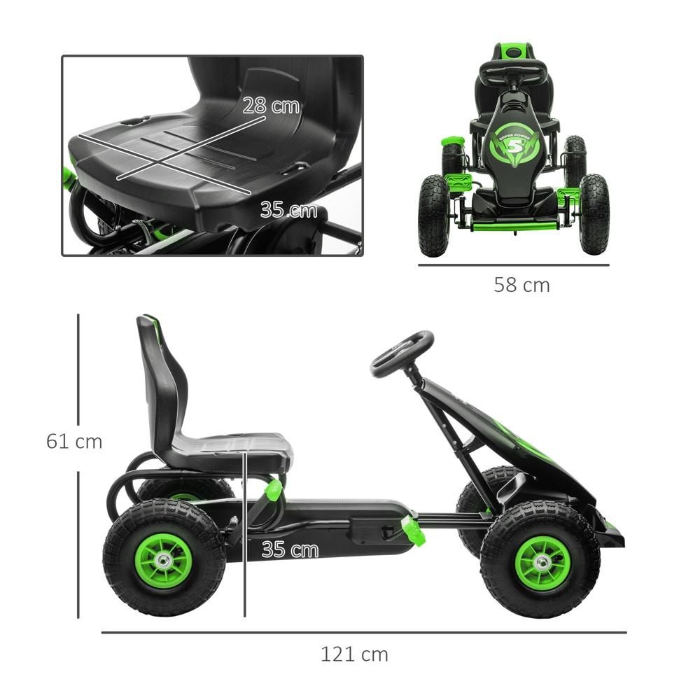 Justerbar gokart för barn, gummidäck, pedal och handbroms, ålder 5+ grön/svart