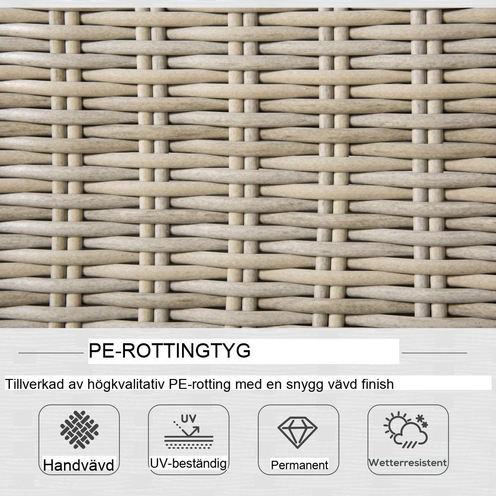 Khaki och beige trädgårdssoffa i polyrattan för 4 med bord och kuddar