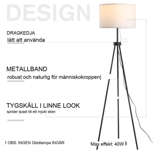 Modern stativ golvlampa, svart och vit, E27 sockel, 3 m sladd