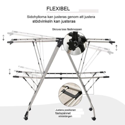 3-lagers hopfällbar torkställning för kläder med teleskopstänger och hjul