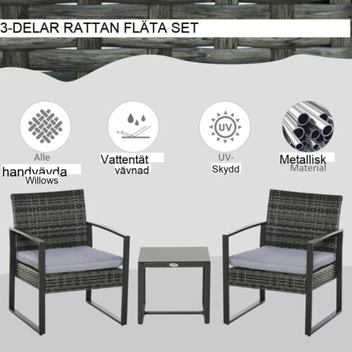 Svart polyrattan balkongset med kuddar för 2 – väderbeständig och snygg