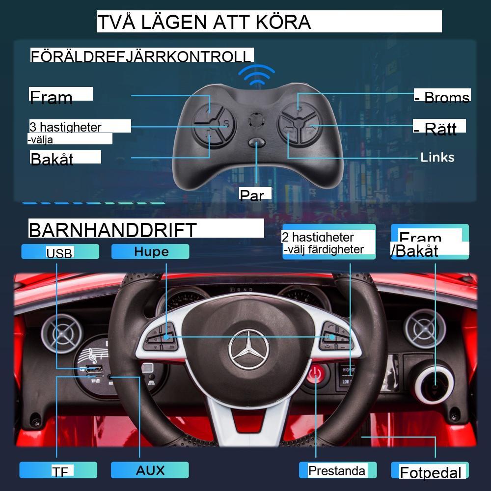 Röd elbil för barn, 3-växlad, fjärrkontroll, musik, LED-strålkastare, 3-6 år