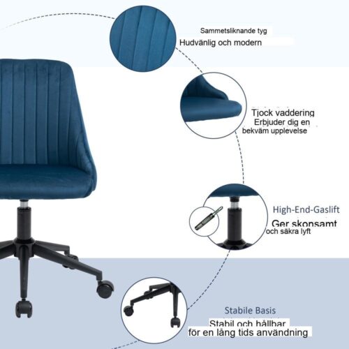 Ergonomisk blå kontorsstol, höjdjusterbar med svängbara hjul och tjock stoppning