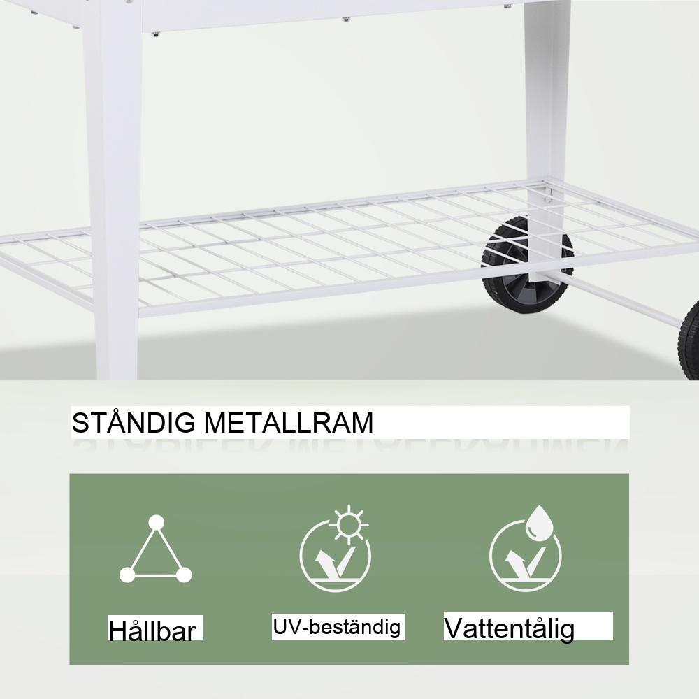 Vit mobil upphöjd trädgårdssäng med förvaring, hjul och handtag