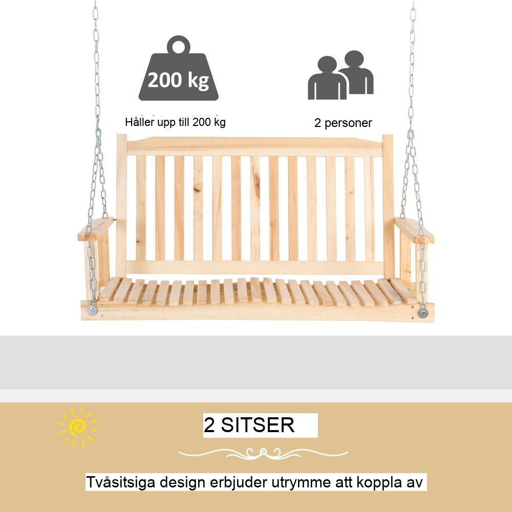 Rustik trädgårdssvingbänk i trä för 2 med metallkedjor, uteplats och trädgårdsmöbler