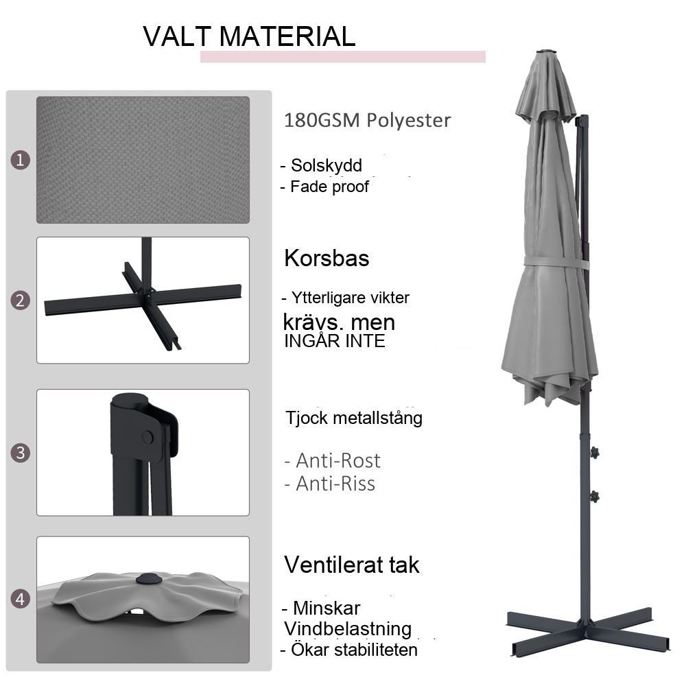 Roterande fribärande paraply – Mörkgrå Ø3m med vev- och tiltsystem – Balkong Uteplats Trädgård