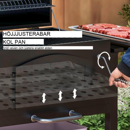 3-i-1 kolgrill med rökare, justerbar höjd, hjul och hyllor