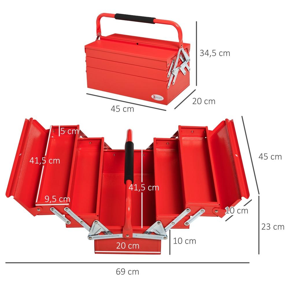 Fällbar verktygslåda i stål med 5 fack – Röd – 45×22,5×34,5 cm