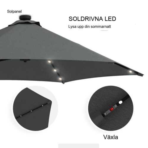 Solar Cantilever paraply med LED-ljus, 290 cm diameter, mörkgrå, UV-skydd