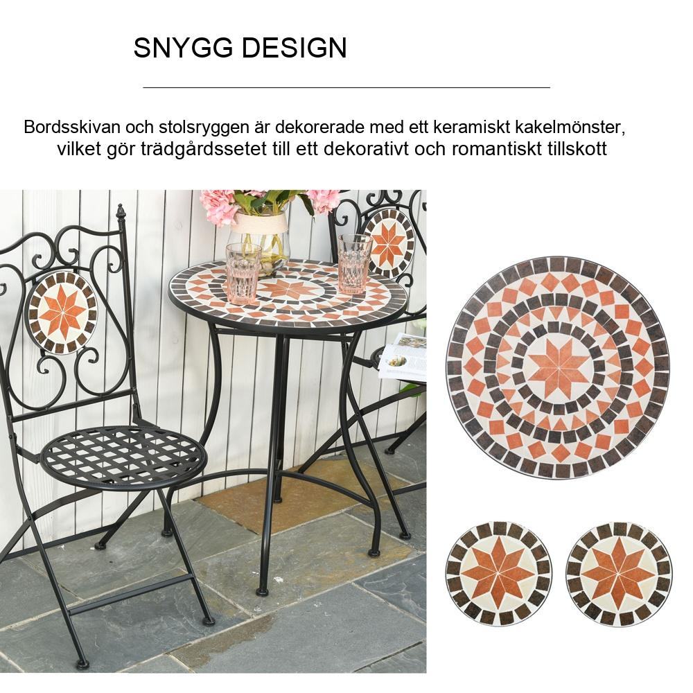 Mosaic Balcony Bistro Set för 2 med hopfällbara stolar och metallbord