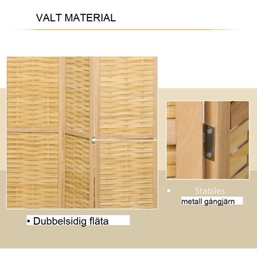 Naturlig bambu rumsavdelare, 3-panels vikbar avskildhet för vardagsrum eller sovrum