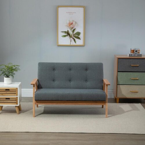 Kompakt grå linne- och gummiträsoffa Loveseat, 2-sits