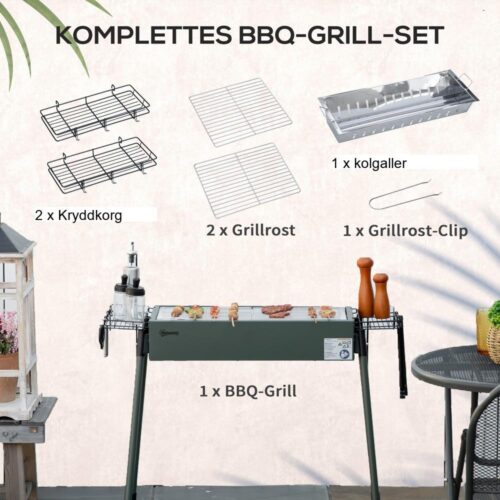 Stor kolgrill med sidokorgar, rostfritt stål och galvaniserad metall för campinggrillar