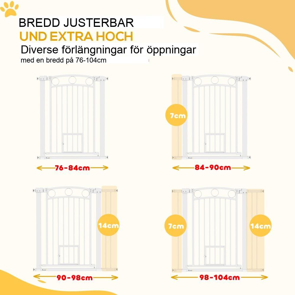 Vit stålskyddsgrind för hund och katt, justerbar 76-104cm, ingen borrning