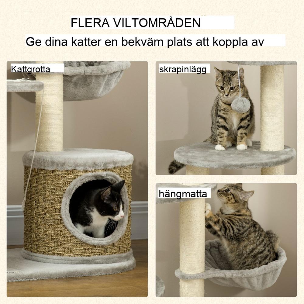 Modernt katttorn med grotta, hängmatta och skrapstolpar (grå)