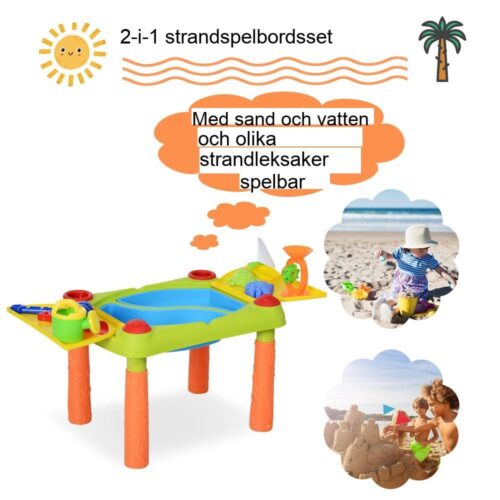 Slitstarkt strandlekbord i plast med 16 tillbehör för barn från 3 år och uppåt