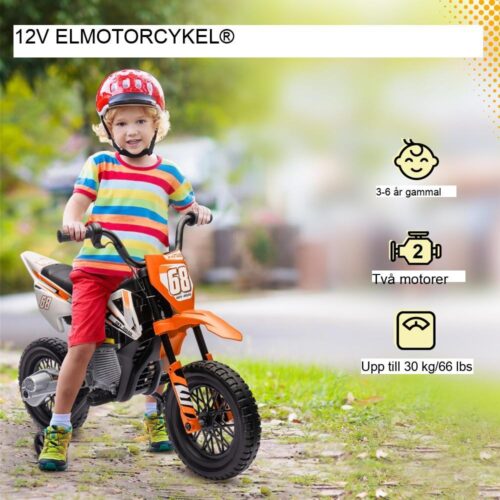 Elmotorcykel för barn, 3-6 år, orange, musik- och träningshjul