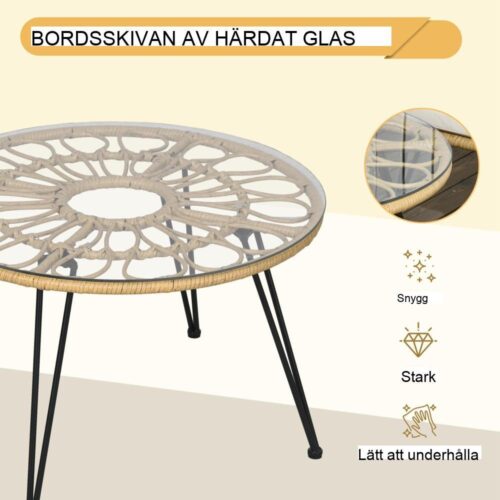 Rotting Garden Dining Set – Bord och 4 stolar, beige kuddar