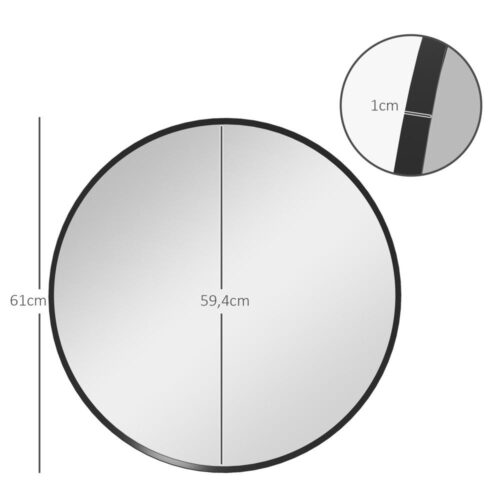 Svart Rund Väggspegel 60cm med Aluminiumram för Badrum Sovrum Vardagsrum