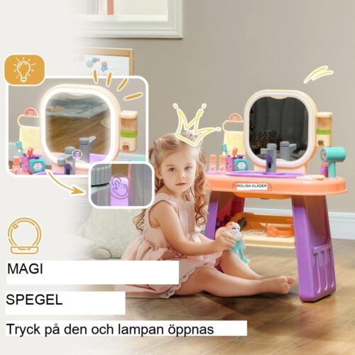 Sminkbord för barn med LED-spegel, musik och vattenkran-spelset – lila