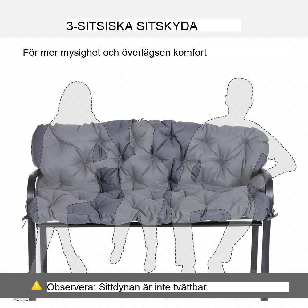 Mörkgrå bänkkudde, 3-personers komfortdyna, tjock skumfyllning med säkra remmar