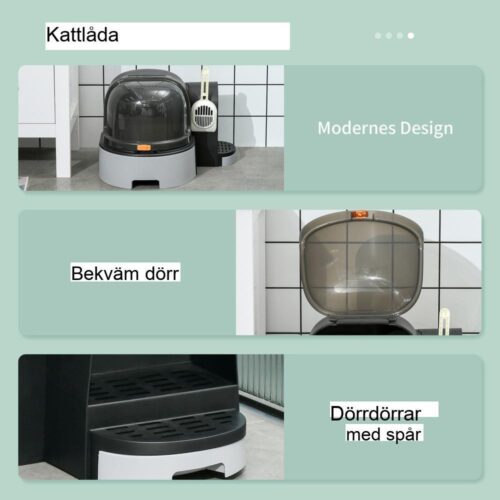 Modern kattsandlåda med utdragbara fack, huva och skopa, grå