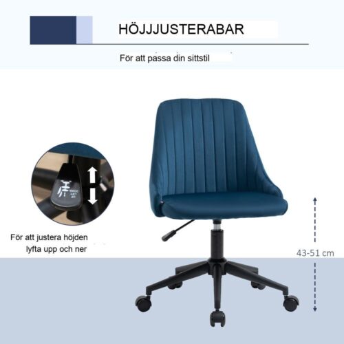 Ergonomisk blå kontorsstol, höjdjusterbar med svängbara hjul och tjock stoppning