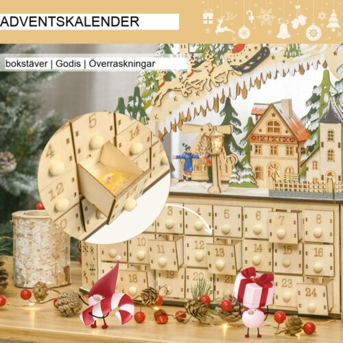 LED-adventskalender i trä med byscen och 24 lådor