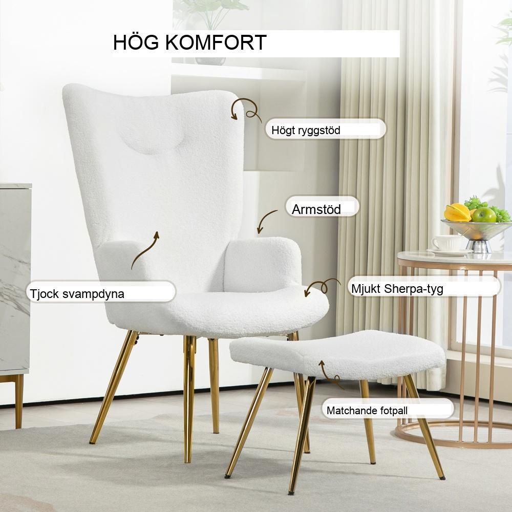 Sherpa Wing Chair med Pall Set – Modern White Lounge Chair och fotpall