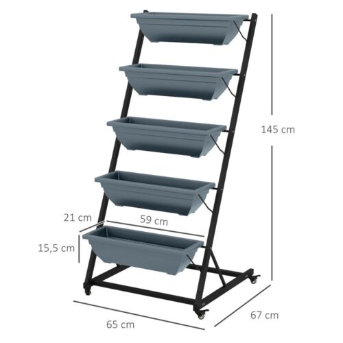 Plantställ i 5 våningar i stål med hjul, grå blomställning utomhus