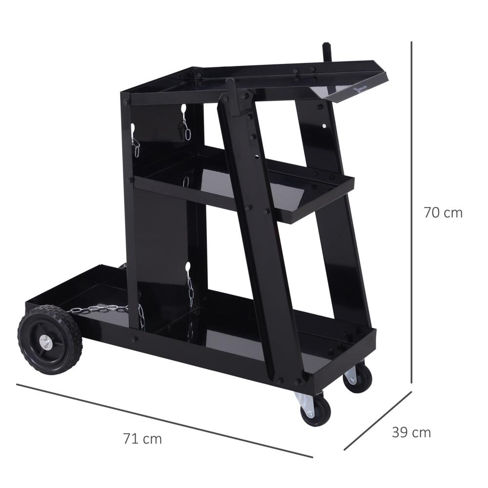 Heavy Duty svetsvagn med 3 hyllor, säkerhetskedjor och hjul (71x39x70cm)