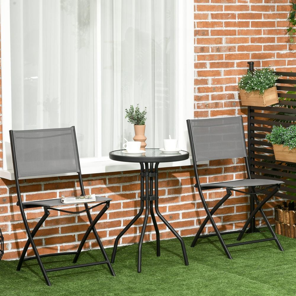 Grey Steel Bistro Set för 2, hopfällbara stolar och härdat glasbord