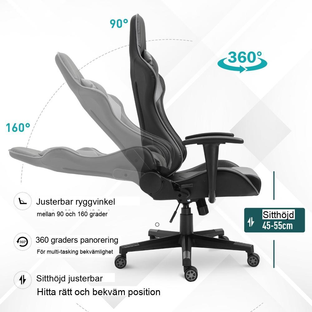 Ergonomisk spelstol med justerbar höjd och lutning, svart