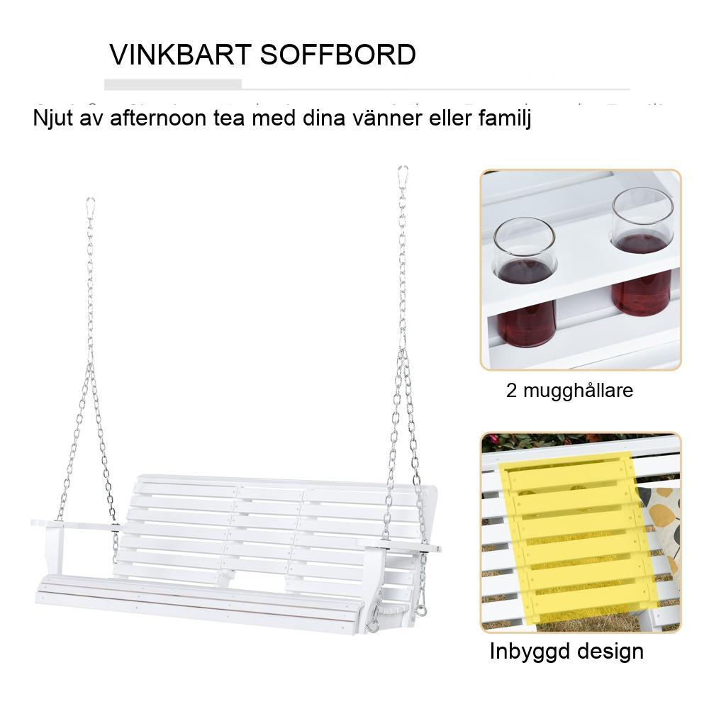 Swingbänk i vit gran med hopfällbart bord och mugghållare – plats för 2-3 personer