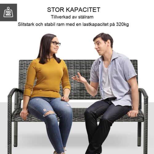 Trädgårdsbänk i rottinglook med stålram, 2-sits, 320 kg kapacitet