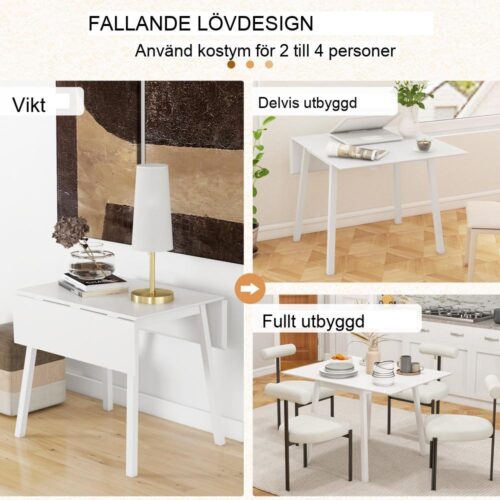 Fällbart matbord för 2-4, platsbesparande vitt köksbord i trä