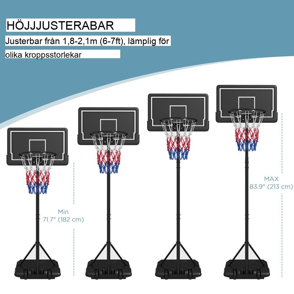 Justerbar höjd basketbåge med stativ, spricksäker ryggbräda och hjul