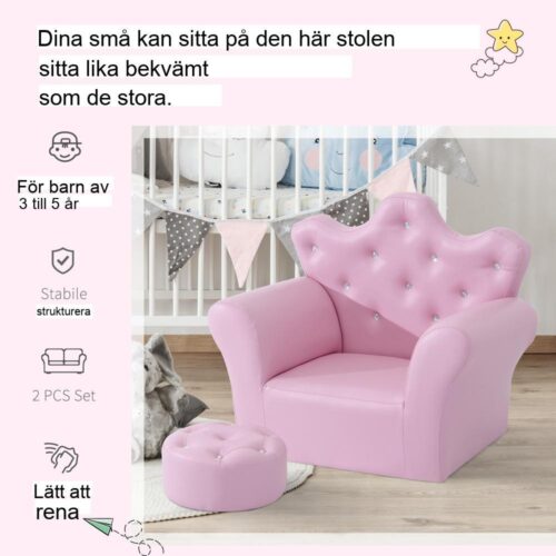 Pink Girls Crown soffa med kristallknappar – Barnfåtölj och pallset