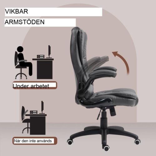 Mörkgrå ergonomisk gungkontorsstol med justerbar höjd och uppfällbara armstöd