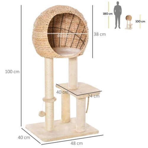 Beige kattskrapstolpe med grotta, bollleksak och sisalstolpar