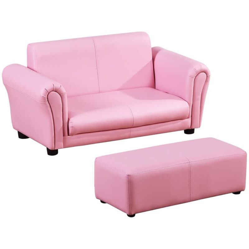 Rosa barnsoffa och pallset, modern barnsoffa med fotstöd