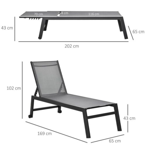 Solstol i grå aluminium, ställbart ryggstöd, trädgårdsschäslong 169x65cm