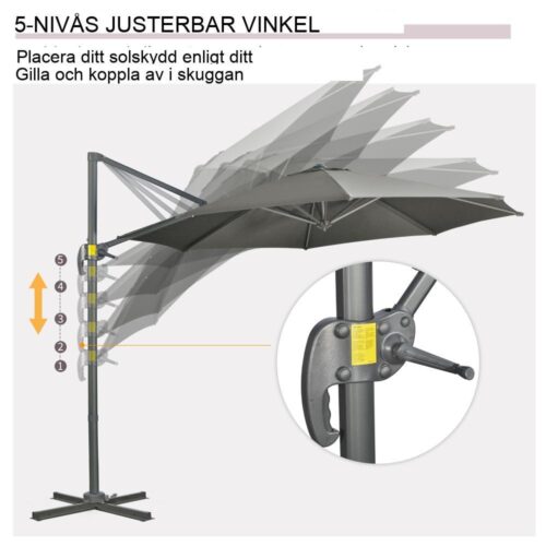 Stort grått roterande fribärande parasoll med stativ för uteplats