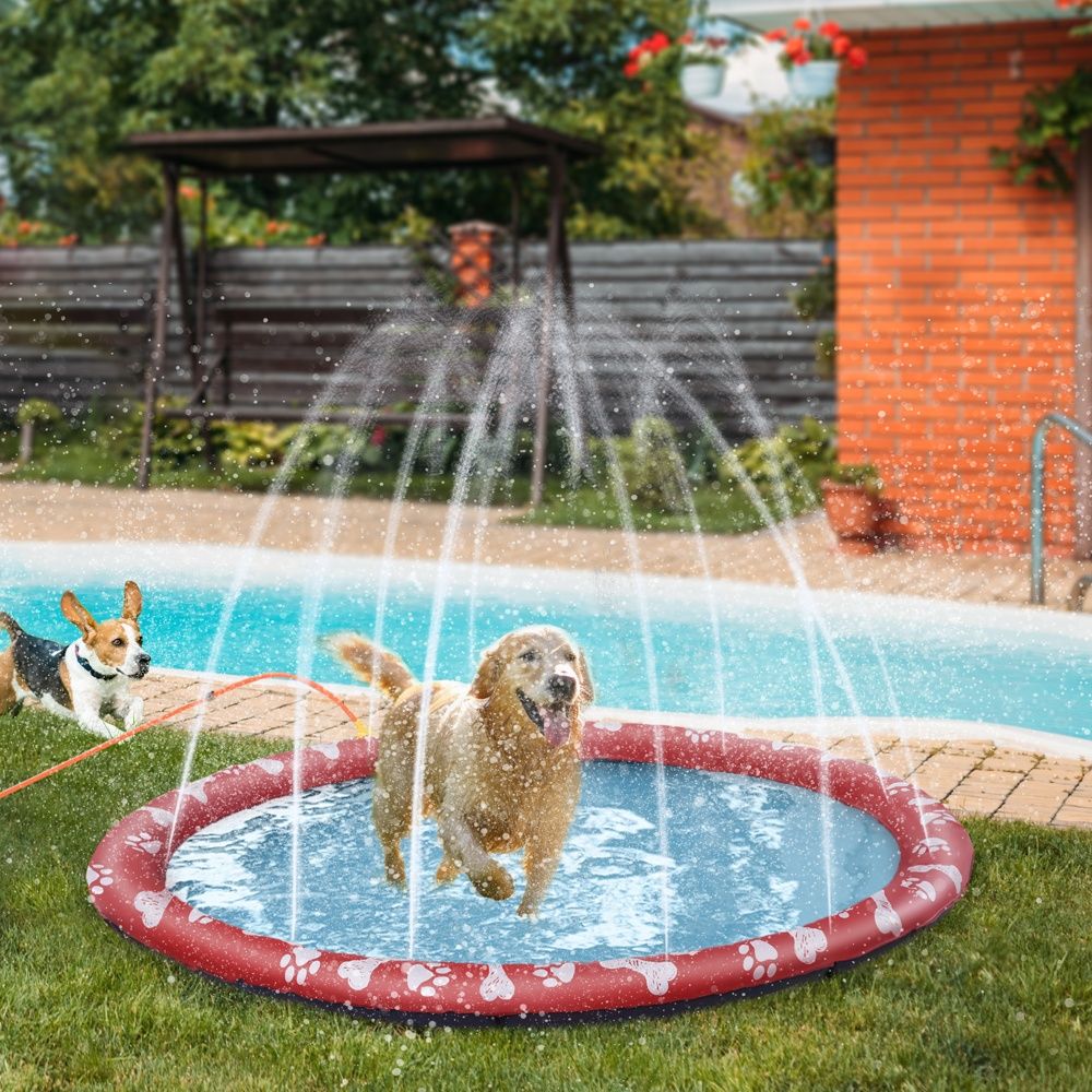 Stor röd hopfällbar hundpool, Ø170cm, halkfri för trädgård och camping