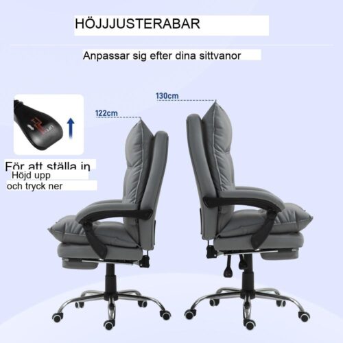 Ergonomisk liggande kontorsstol med fotstöd, justerbar höjd och mörkgrå klädsel