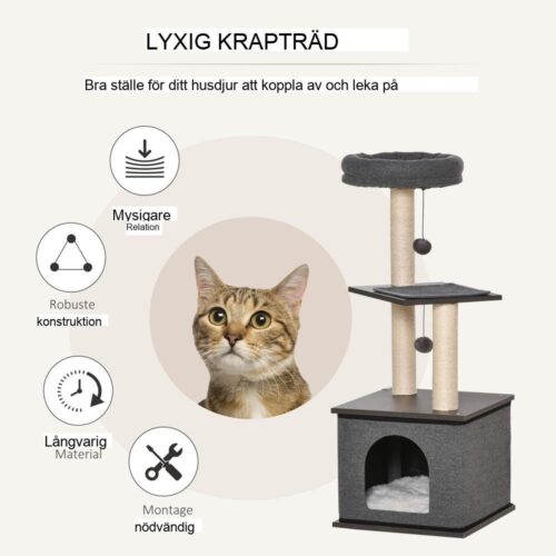 Multi-Level mörkgrå Sisal Cat Scratching Post med lägenhet, bollar och säng