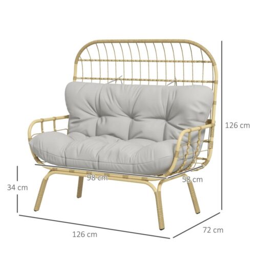 Ljusgrå rottingsoffa, 2-sits med kuddar och armstöd, utemöbler (240 kg kapacitet)